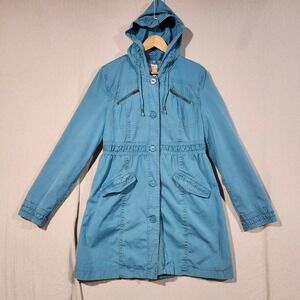 Tulle Blue Hooded Utility Jacket XL Ruffle Waist Lace Trim Parka Coat Women